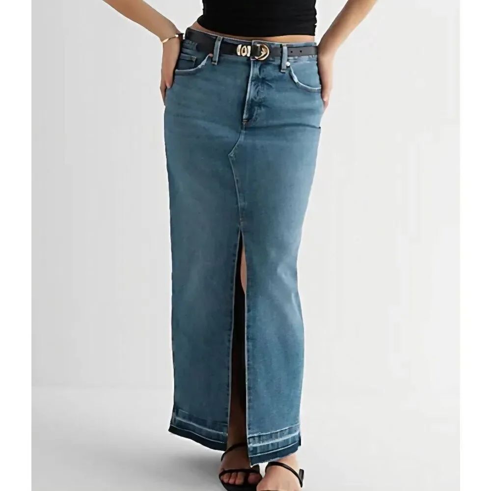 Express Skirt Women's 2 Blue High Waisted Drop Hem Slit Maxi Denim Jean